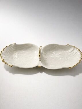 White with 24K Gold Trim LENOX Divided Bowl Dish with Center handle 15"x5"x4"